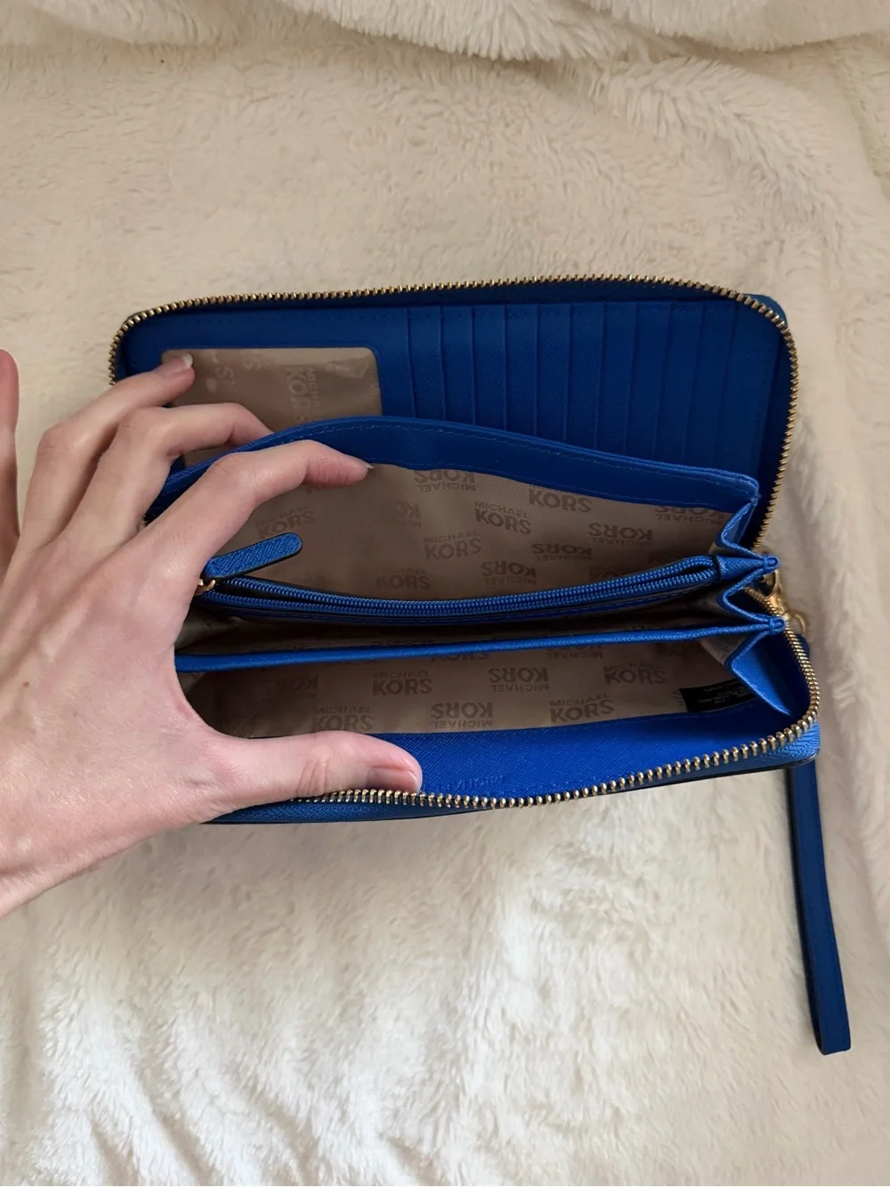 Michael Kors Saffiano Zip Wristlet in Cobalt Blue with Gold Hardware